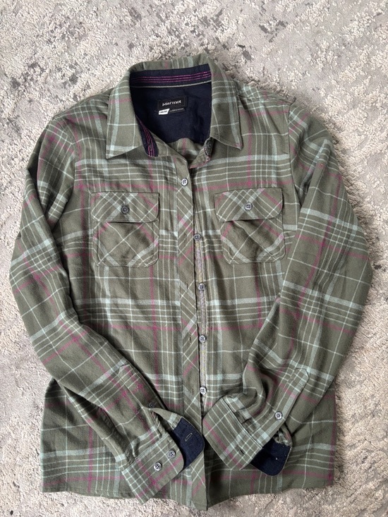 Marmot Tops - Marmot Olive Green & Pink Plaid Flannel Shirt